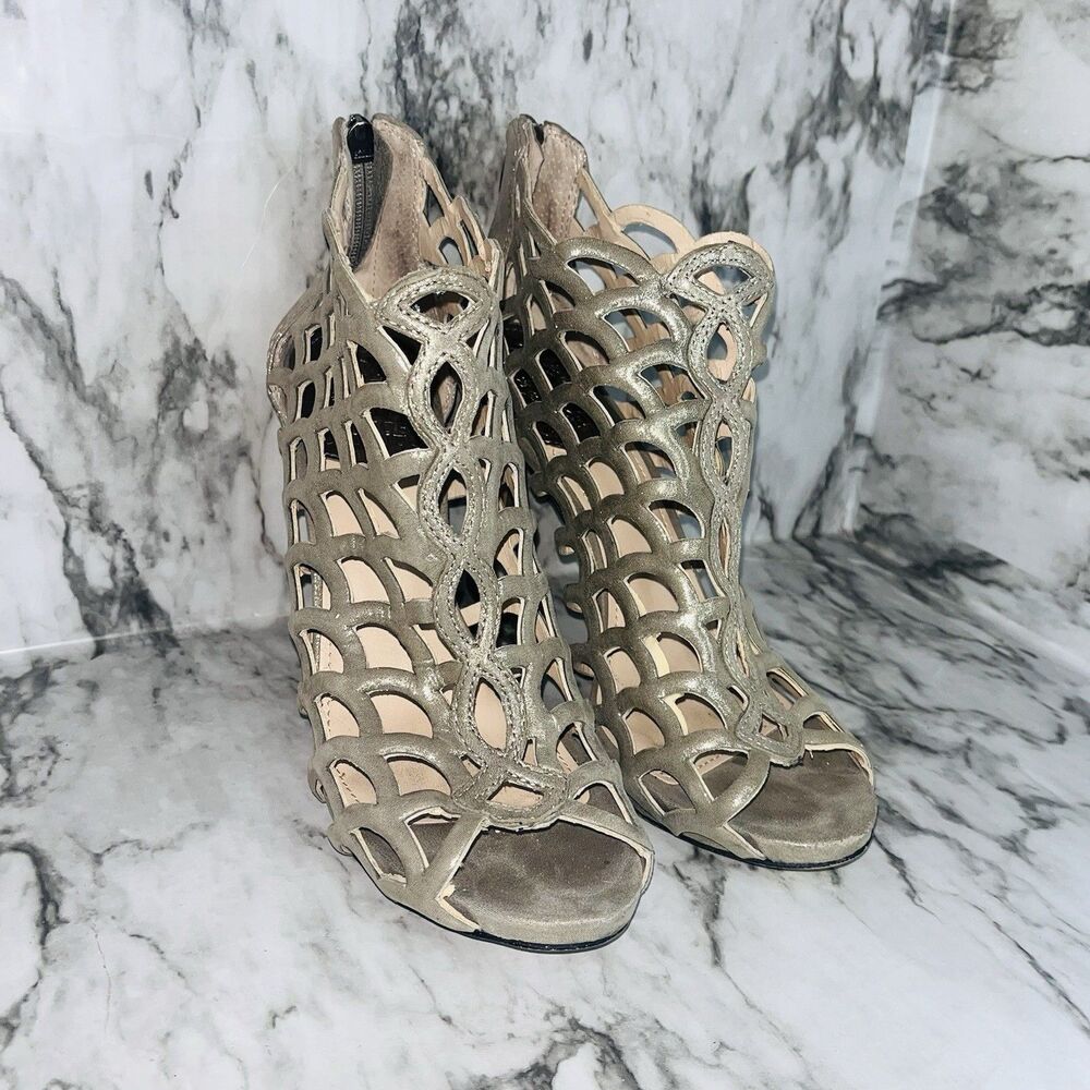 Vince Camuto Fontanela Caged Heels Size 7.5M Silver Metallic Shimmer Zip Back